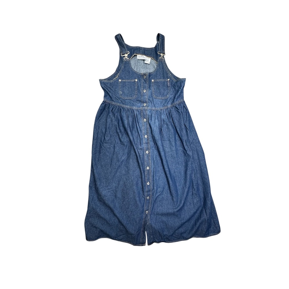 True Blue Vintage 90s Denim Pinafore Dress Button Front Blue Cotton Large 1348